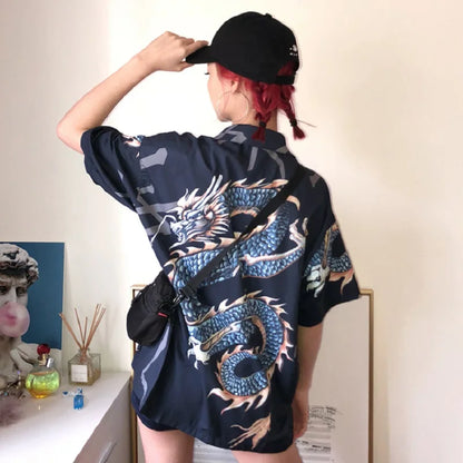 Summer Women Tops Harajuku Blouse Women Dragon Print Short Sleeve Shirt