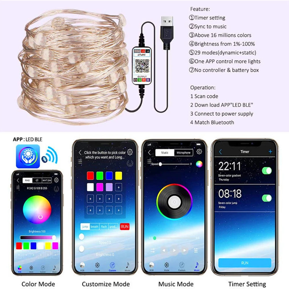 Smart RGB Christmas Fairy String Light APP Bluetooth Control Waterproof