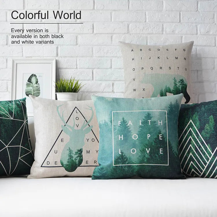 Nordic Geometry Green Forest Deer Pillow Animal Cushions Thick Linen Pillowcase