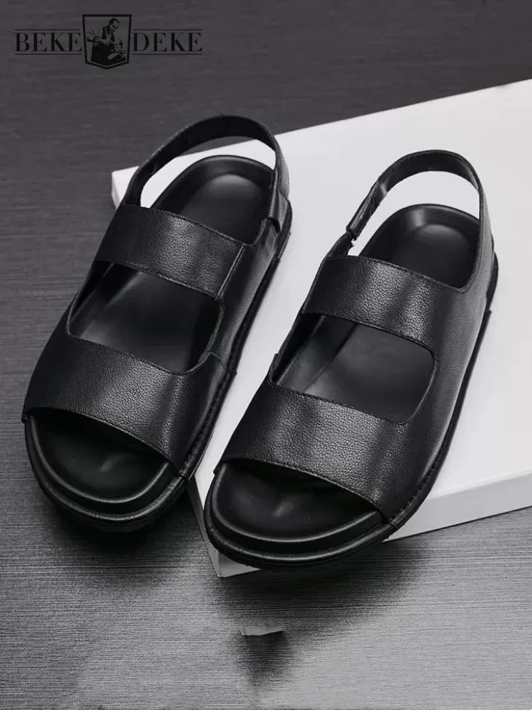 Slip-On Mens Genuine Leather Sandal Outside Casual Platform Shoes Hollow Out