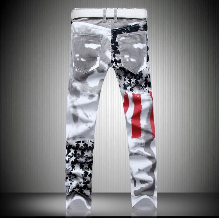 Men Casual American USA Flag Printed Jeans Graffiti Print White Hip-Hop Pants