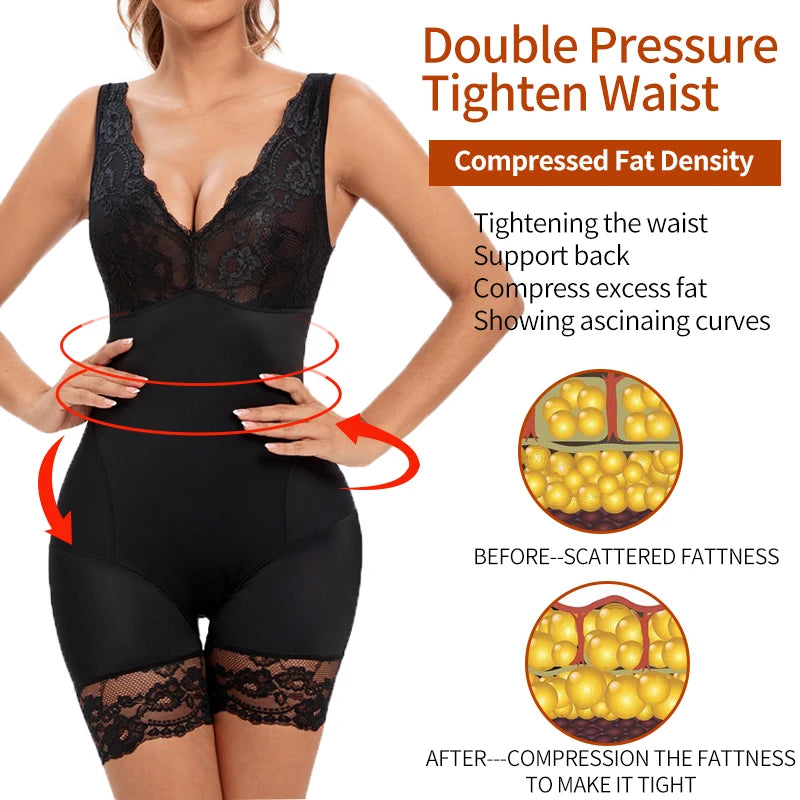 Women Full Body Shapewear Sexy v Neck Bodysuit Slimming Belly Lace Patchwork