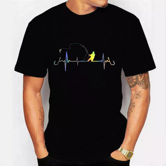 100% Cotton Funny T-Shirt Fishing Heartbeat Male Vintage Graphic Tshirt Men