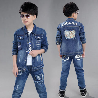 Teenage Boys Denim Clothes Set Autumn Children Jeans Coat and Pants Boys suit