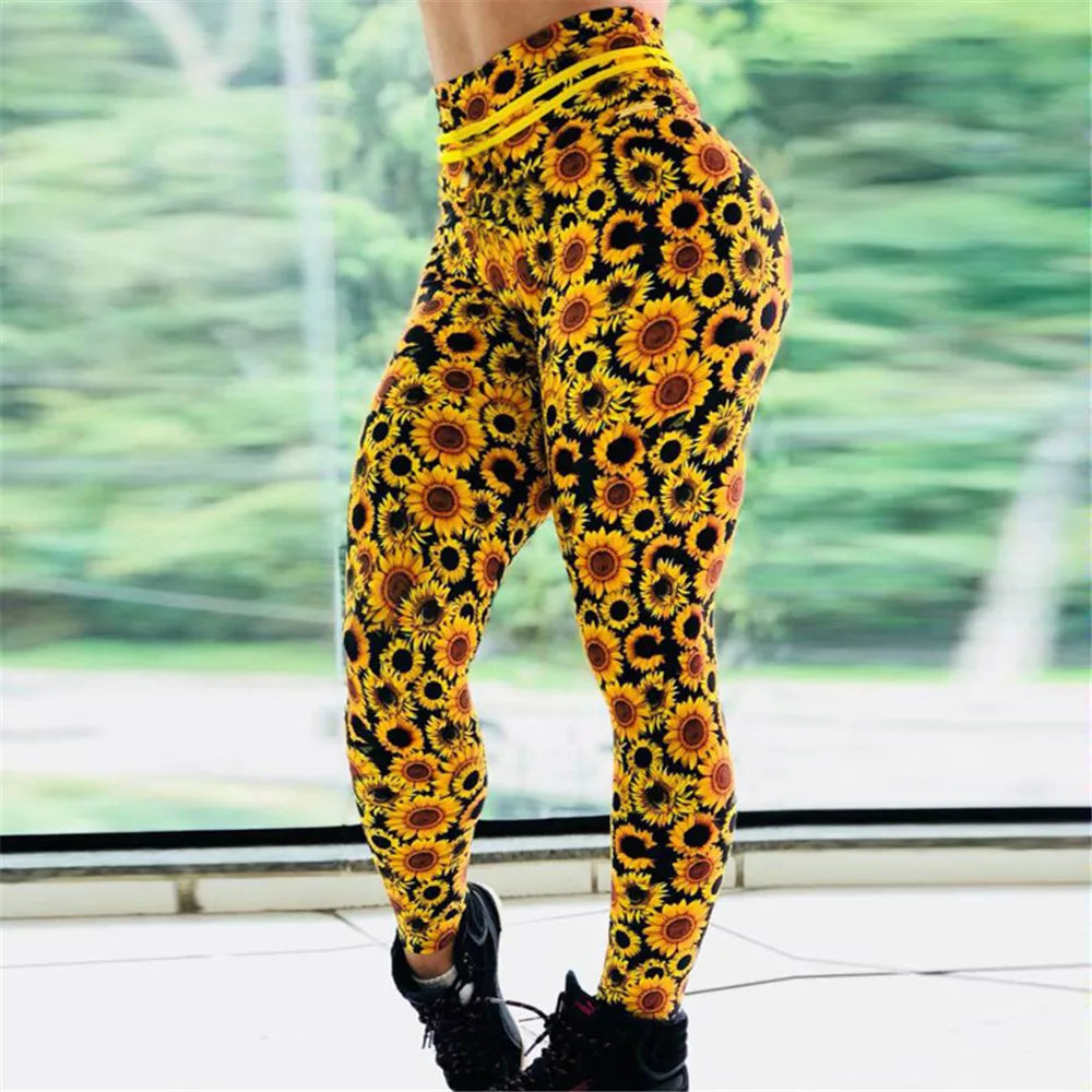 New Arrival Fitness Leggings Women Sunflower Print Elastic Workout leggings