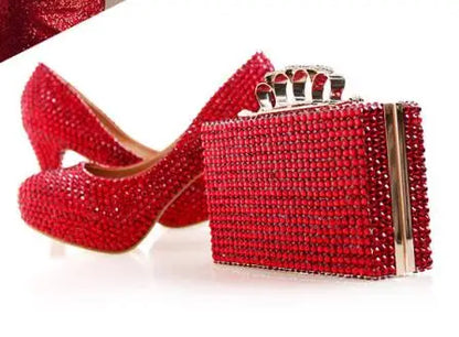 BaoYaFang New Red Crystal Womens Wedding Shoes With Matching Bags Luxury High