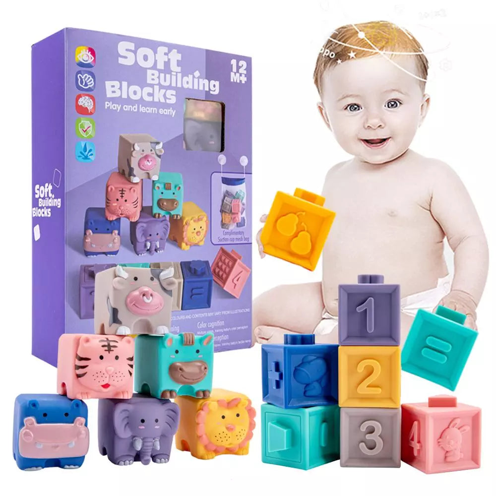 12pcs Baby Sensory Toys Building Silicone Blocks Grasp Toy