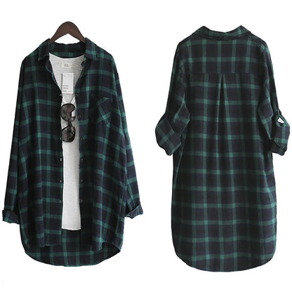 Women Blouse Shirt Loose Casual Plaid Shirts Long Sleeve Large Size