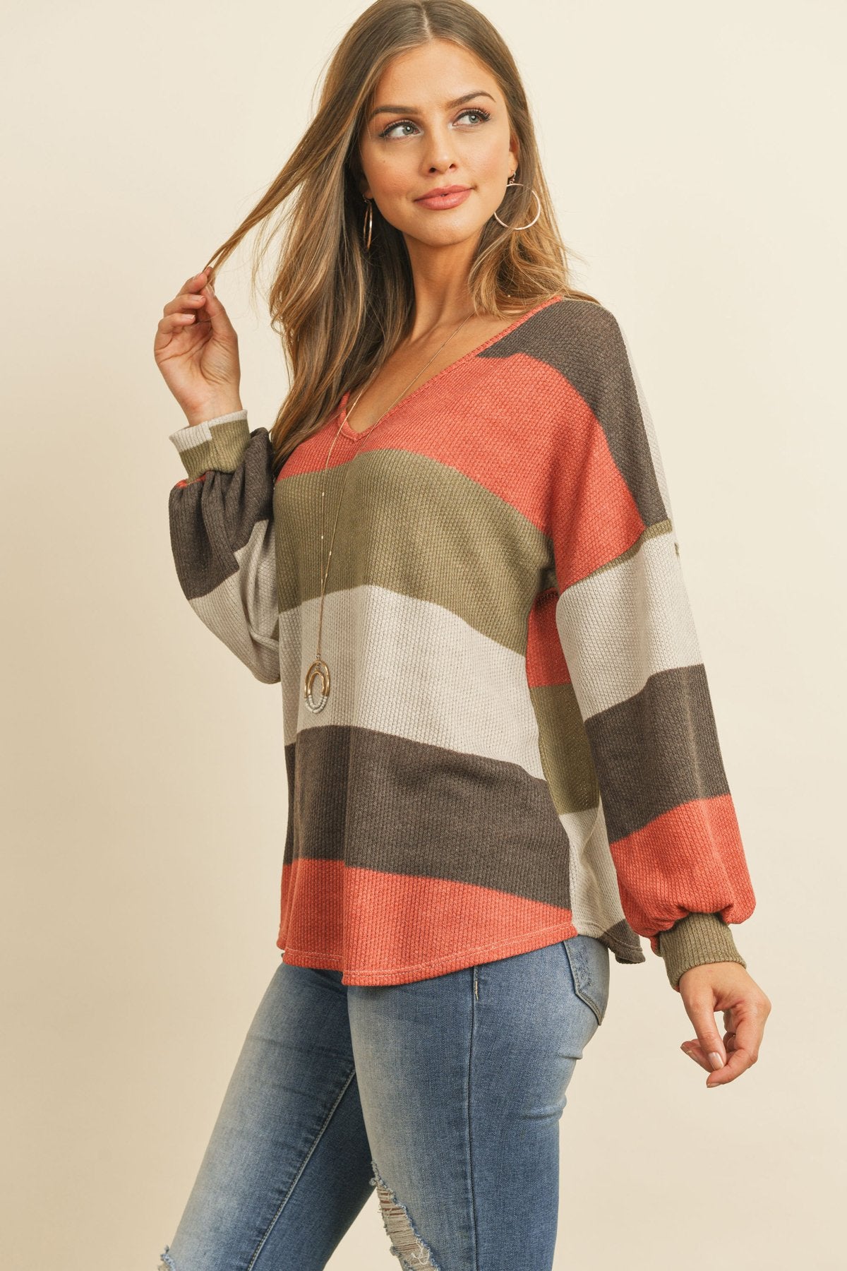 Rib Multicolor Stripes V-Neck Puff Sleeves Top