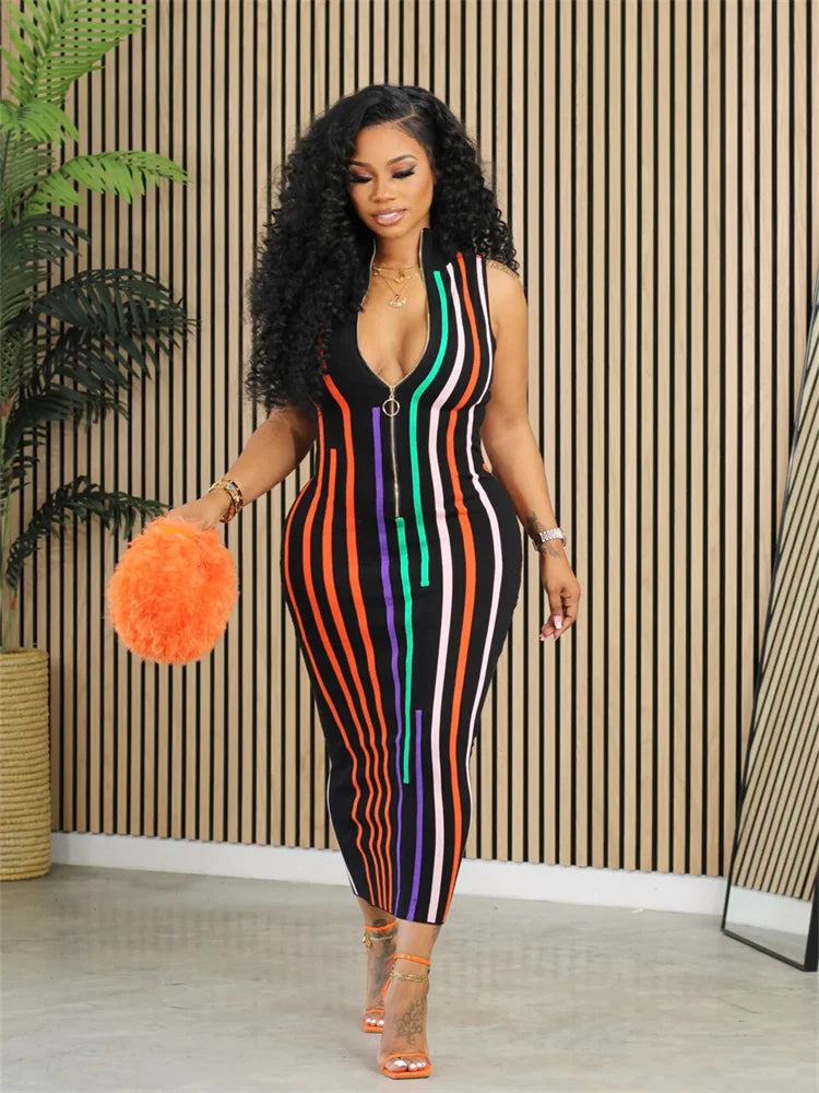 Wmstar Dresses Women Party Sexy Sleeveless Striped Bodycon Fashion Zipper