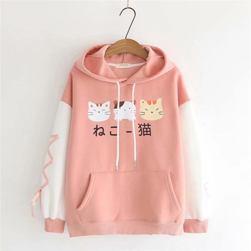 2020 Winter Harajuku Kawaii Women Hoodies Japanese Cute Cat Graphic Girls