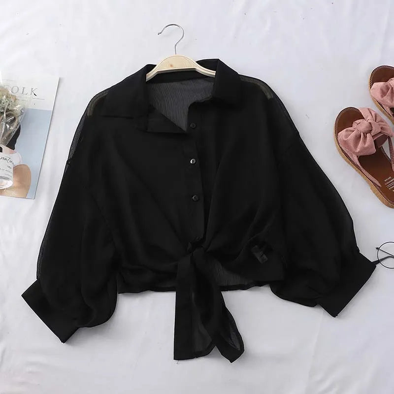 HELIAR Chiffon Shirts Women Half Sleeve Button Up Chiffon Blouses