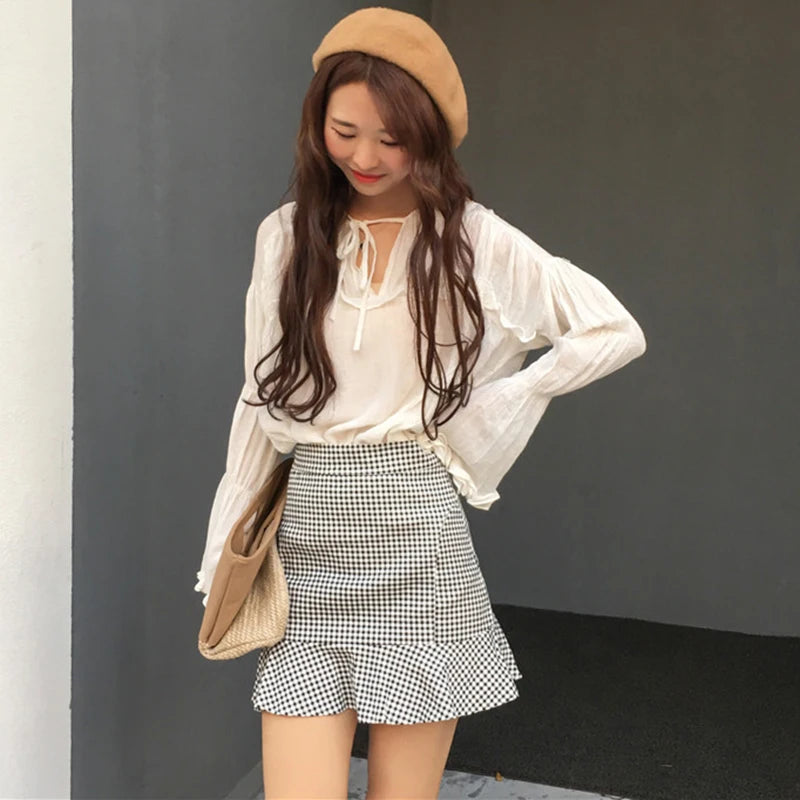 Skirts Women Plaid Trumpet High Waist Mini Skirt Retro Korean Style