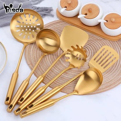 1-10pcs Stainless Steel CookwarLong Handle Set Gold Cooking Utensils Scoop Spoon