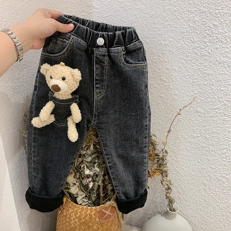 2-6 Years Winter Girls Boys Cute Cartoon Bear Jeans Pant Baby Kids Children