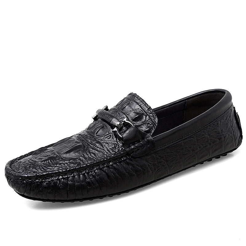 Mens Slip on Moccasins Men's Crocodile Pattern Loafers Genuine Leather Summer