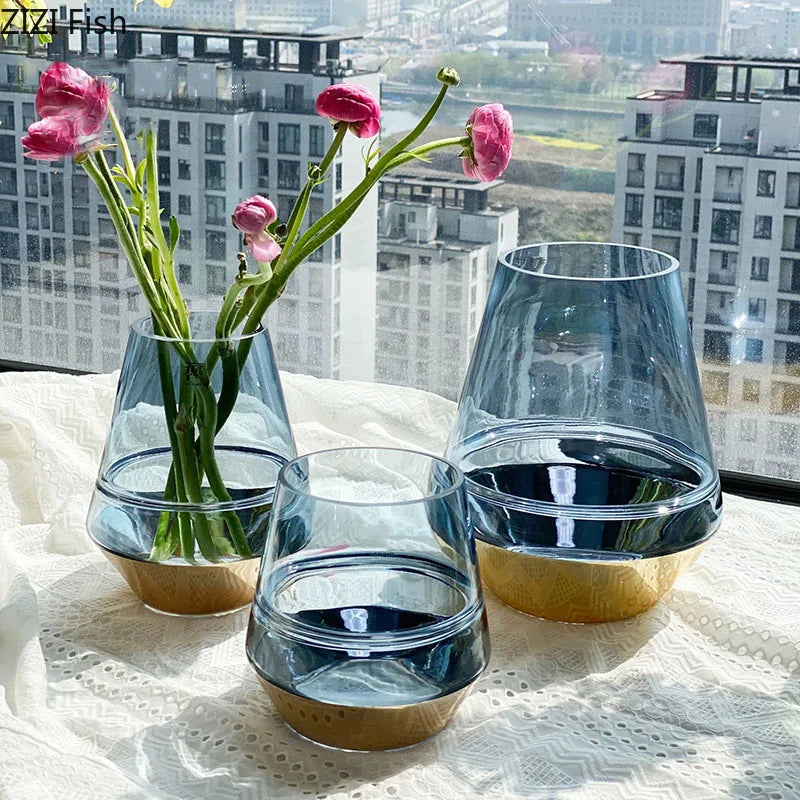 Gilded Base Glass Vase Transparent Hydroponic Flower Pots