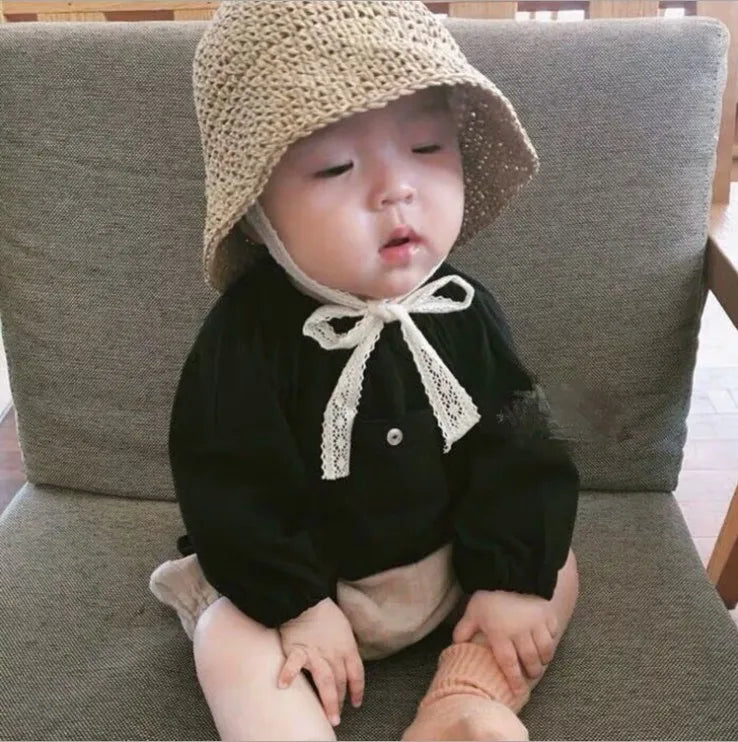 Summer Korean Baby Boy Girl Straw Hats Lace Strap Crochet Children