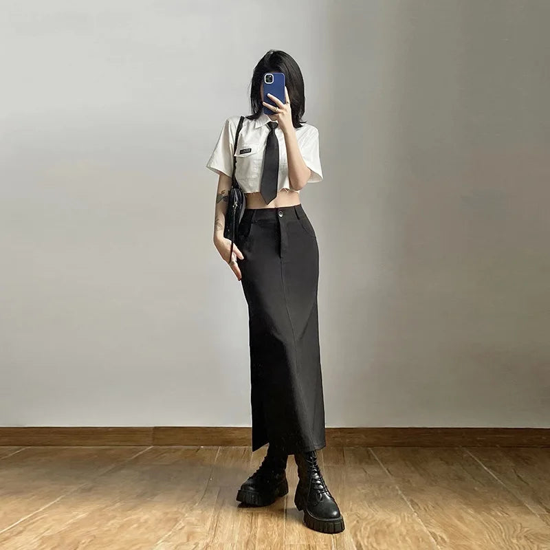 Goth Dark Elegant Mall Gothic Trumpet Women Midi Skirts Grunge High Waist Split