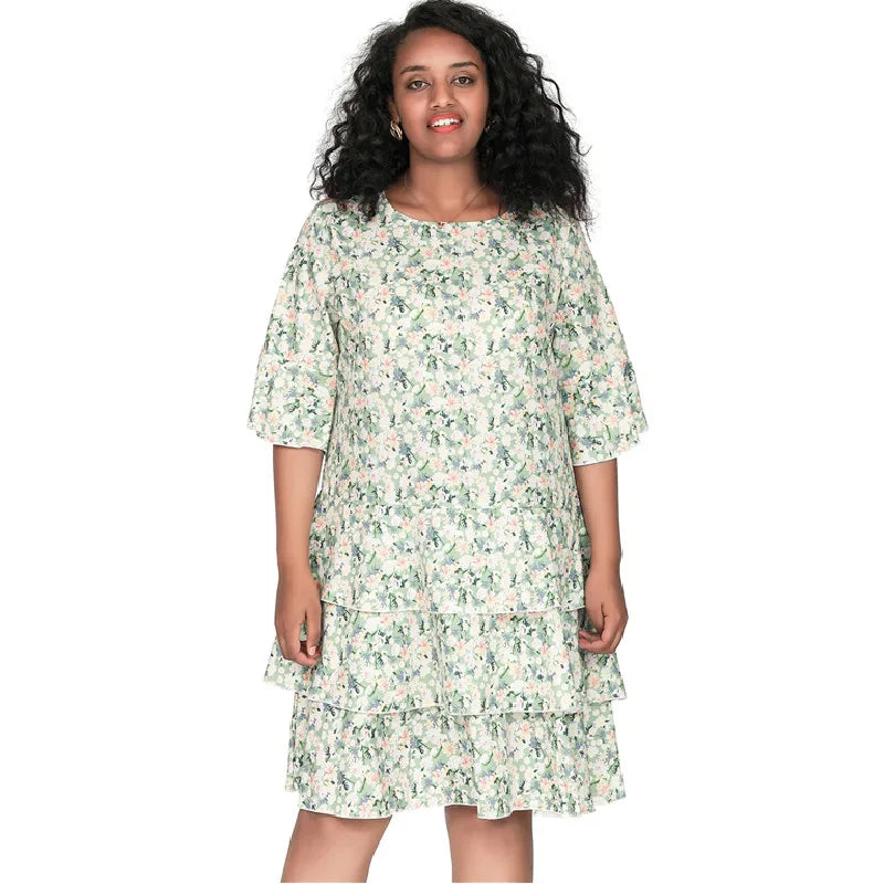 Plus Size Half Sleeve Summer Casual Midi Dress Women O-Neck