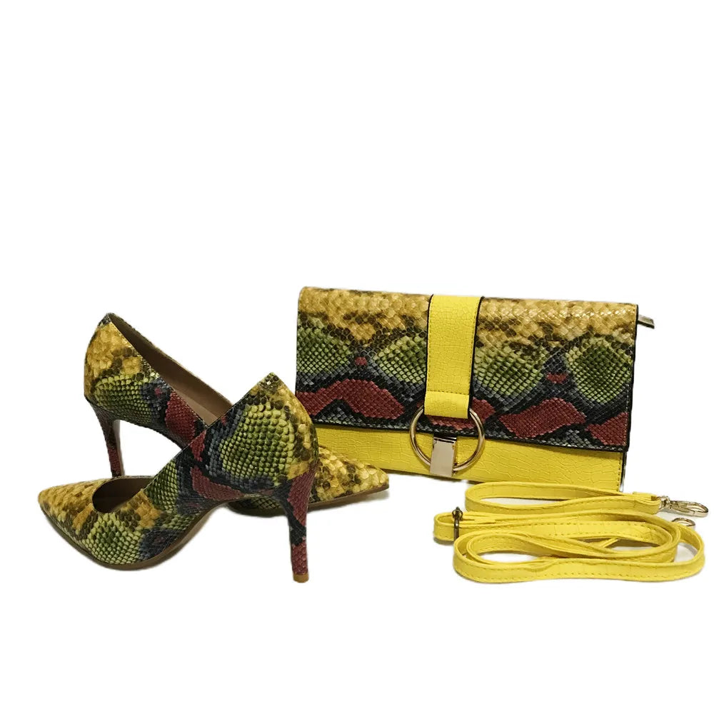 Yellow Shoes Snake Printed Leather With Women Bag Set ,Women Shoes Pumps