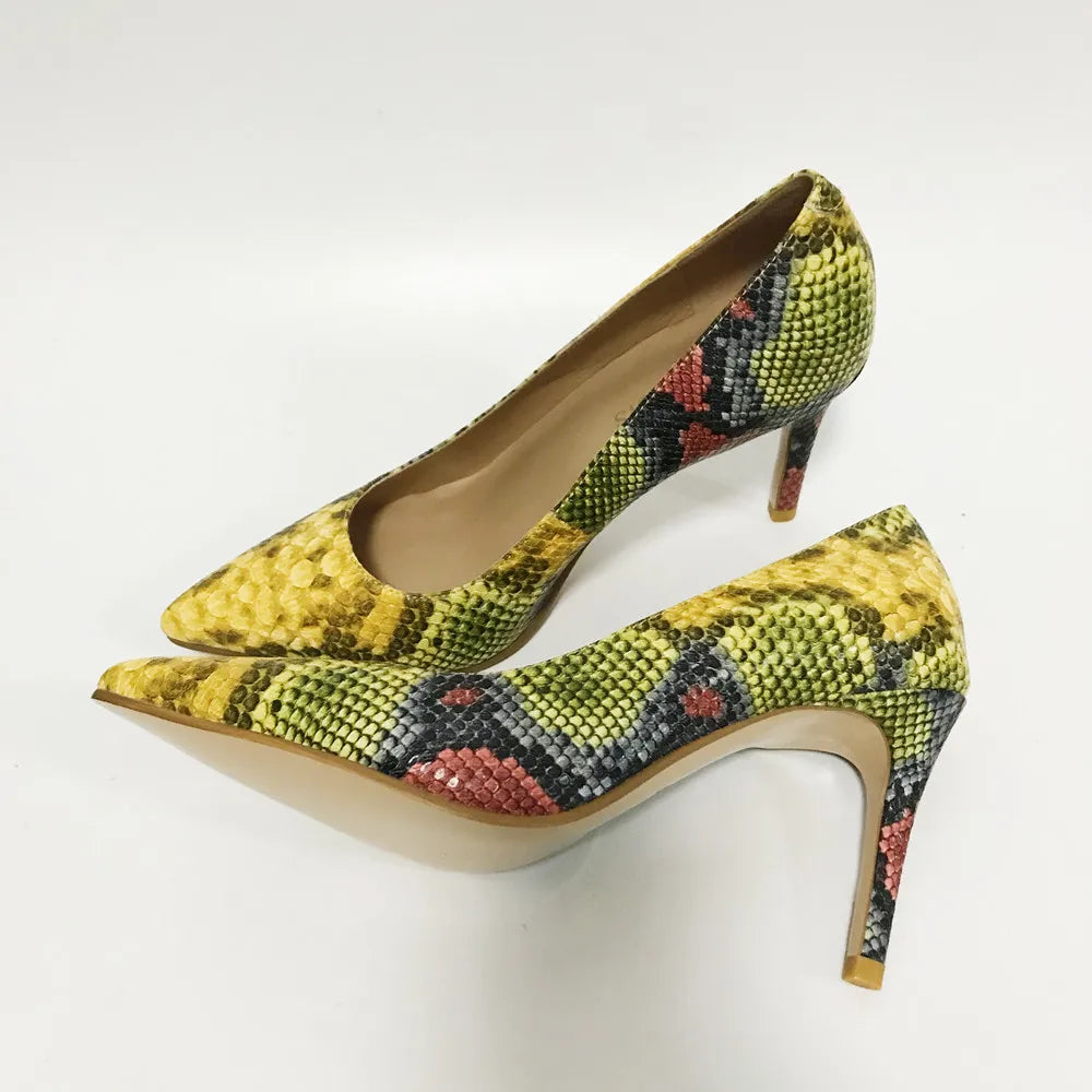 Yellow Shoes Snake Printed Leather With Women Bag Set ,Women Shoes Pumps