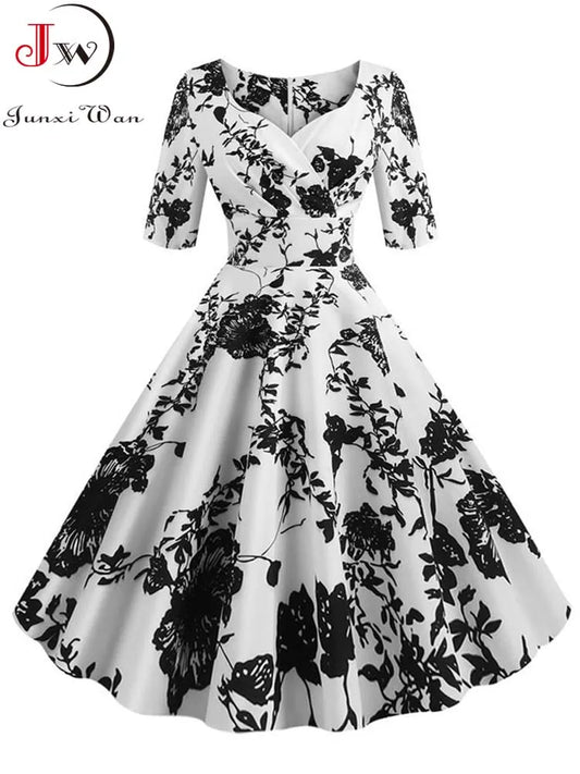 Half Sleeve Black Summer Women Dress Floral Print Vintage