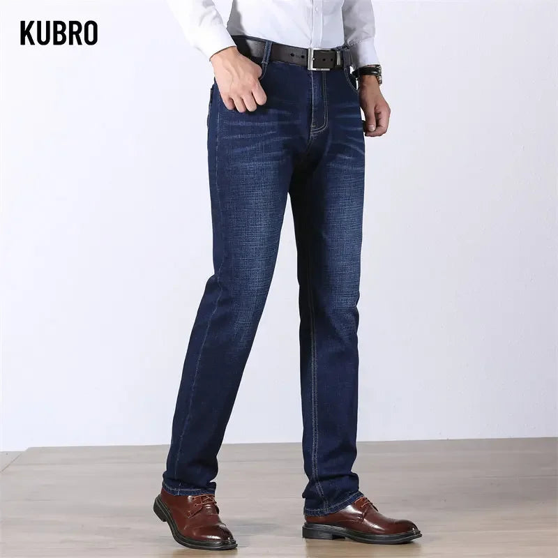 KUBRO Spring Jeans Men Cotton Business Casual Straight Stretch Denim Trouser