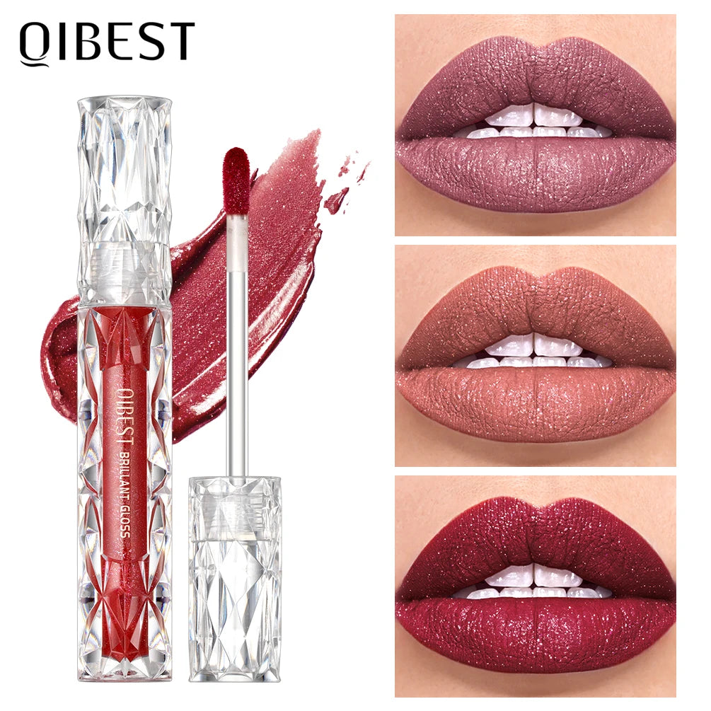 QIBEST Shimmer Lip Gloss Diamond Glitter Lip Tint Waterproof Long Lasting Matte