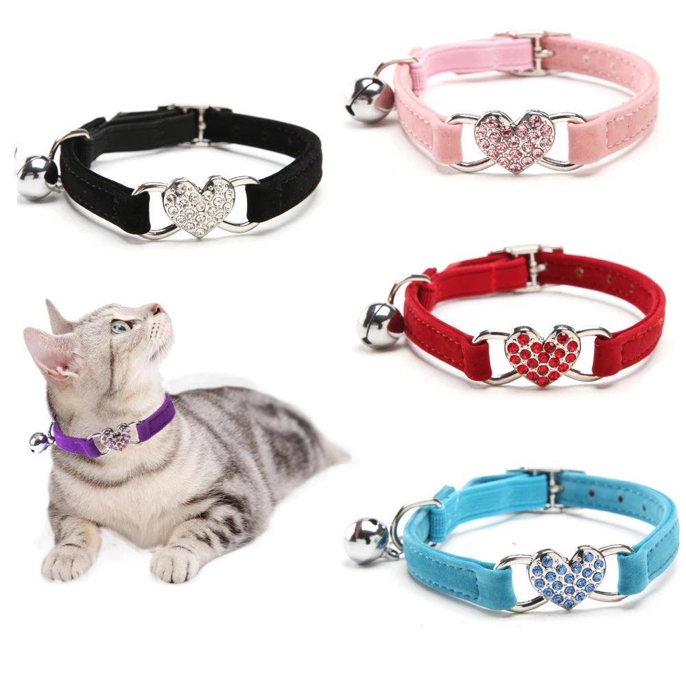 Heart Charm and Bell Cat Collar Elastic Adjustable With Soft Velvet Material