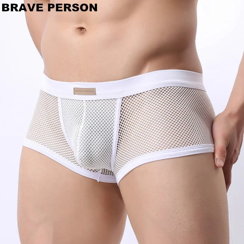 BRAVE PERSON Underwear Men's Boxers Breathable Mesh Hollow Boxer Shorts Sexy