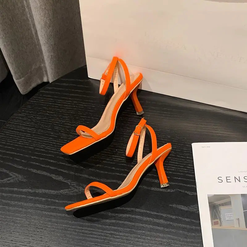 Summer Women Shoes Ankle Strap Mid-Heel Square Open Toe Heels Strap High Heels