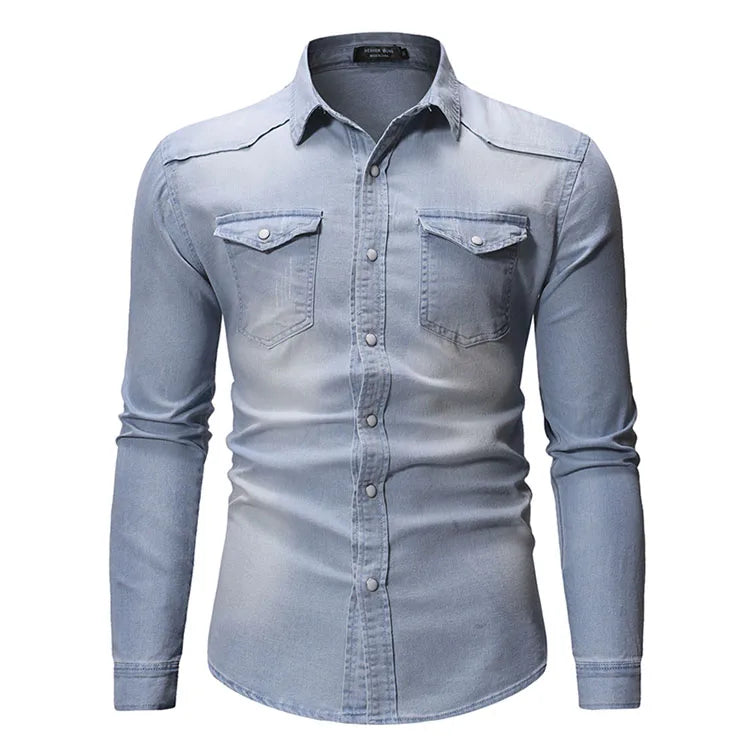 High Quality Long Sleeve Denim Shirt Men Spring Solid Color Cotton Jeans Shirt