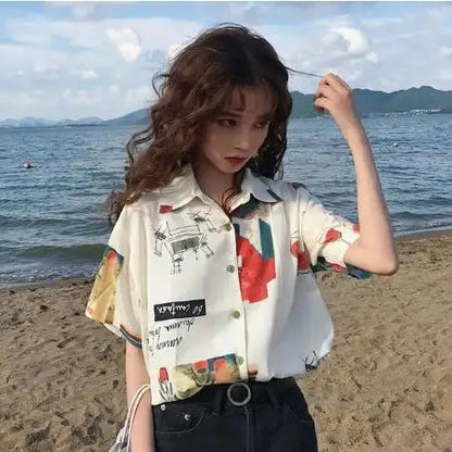 Summer Women Tops Harajuku Blouse Women Dragon Print Short Sleeve Shirt