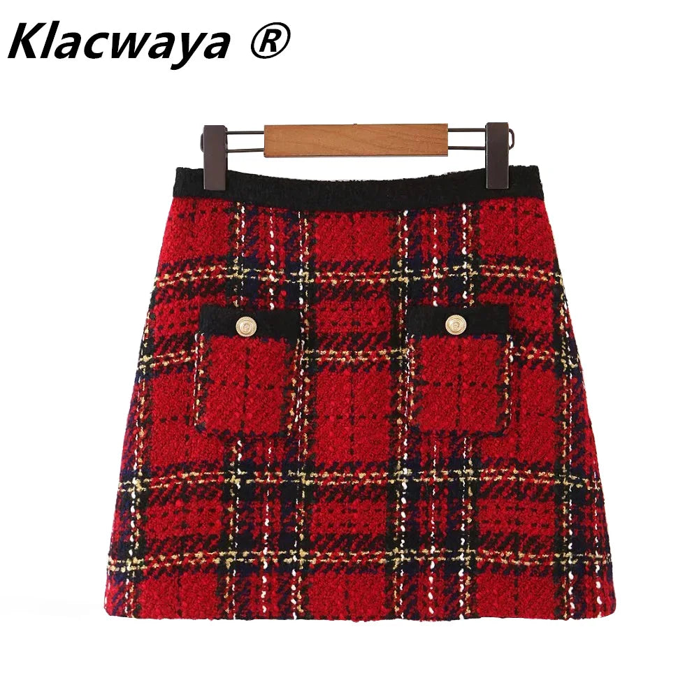 Red Vintage Women Tweed  2020 Winter Fashion Ladies Plaid Girls Skirts