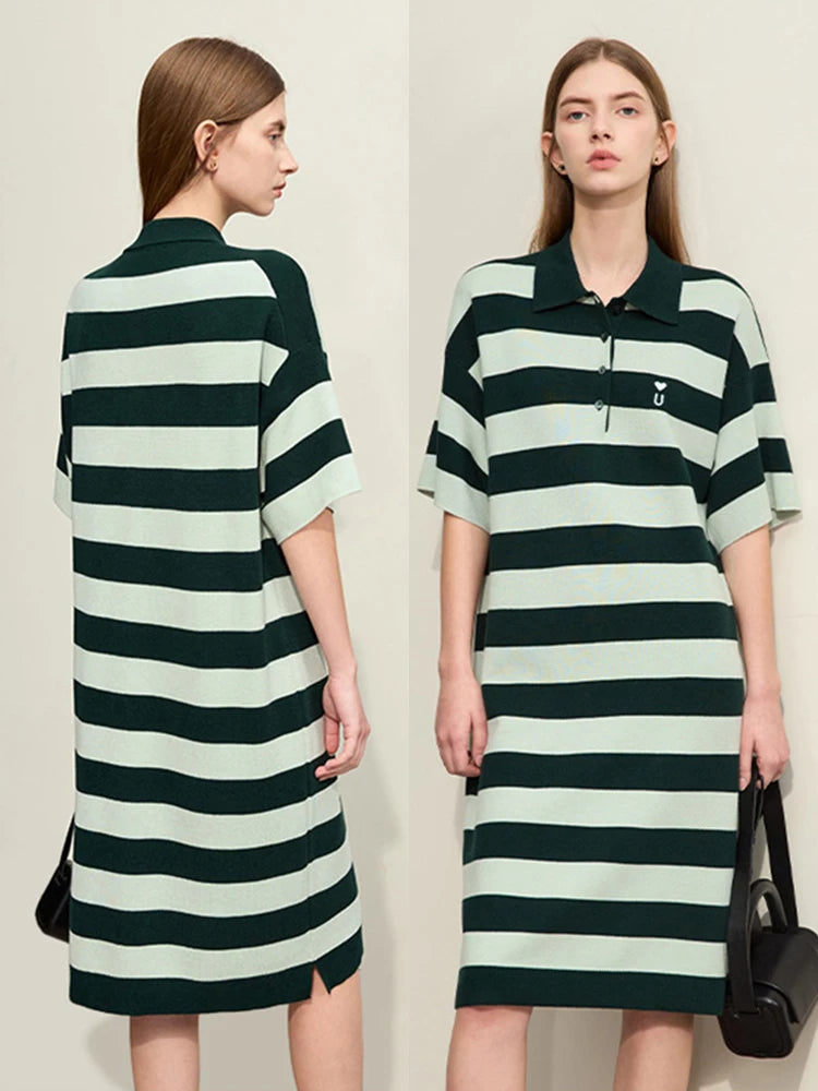 Amii Minimalism Embroidery Striped Dress for Women 2024 Spring