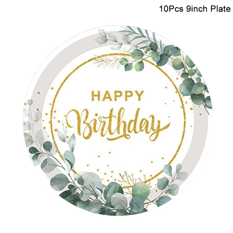 1Set Eucalyptus Happy Birthday Disposable Tableware Paper Plate Cup Napkins