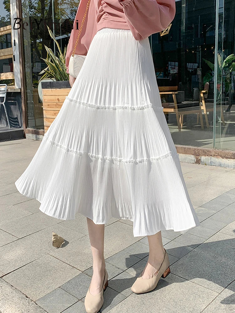 Pleated Skirt Women Vintage Casual Chiffon Shift Long High Waist Skirts