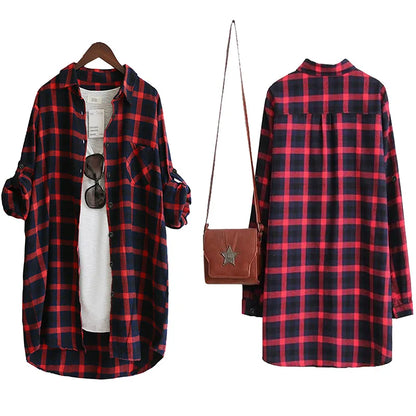 Women Blouse Shirt Loose Casual Plaid Shirts Long Sleeve Large Size