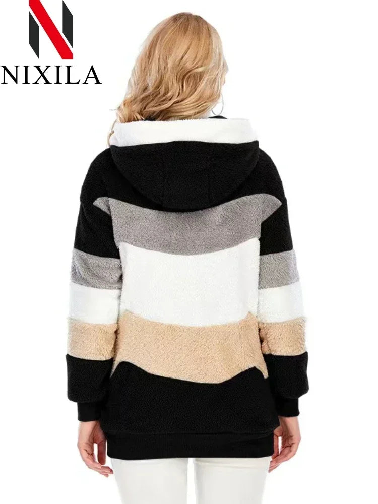 New in Autumn Winter Coat Women Warm Plush Zipper Pocket Hooded