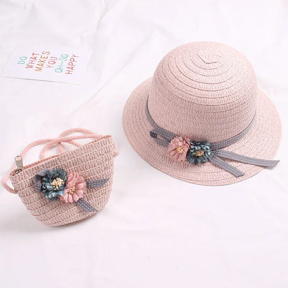 Summer Baby Flower Breathable Hat Straw Hat With Handbag Bags Kids Hat Girls