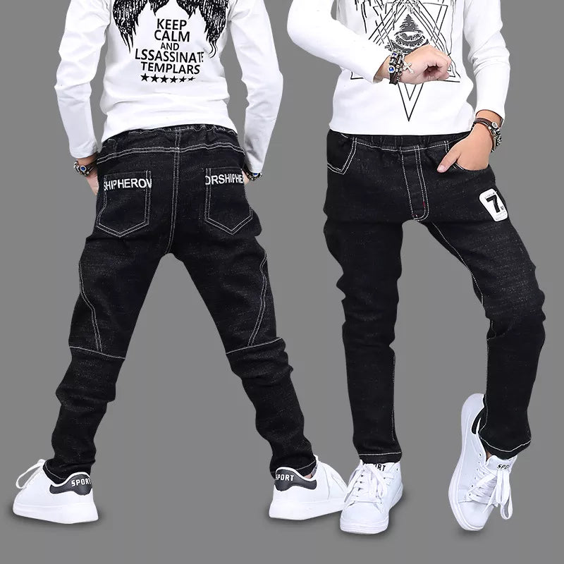 Kids New Boys Pants Jeans Cotton Solid Black Trousers Autumn Number 7