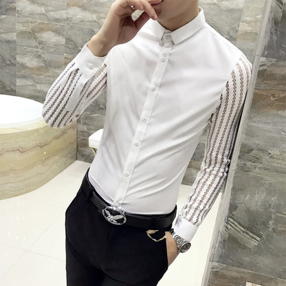 Men Shirt 2023 Spring Hollow Lace Patchwork Long Sleeve Shirt