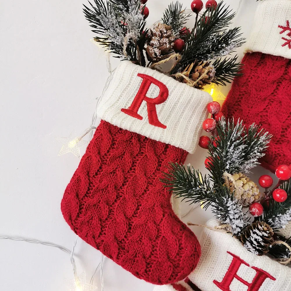 Merry Christmas Socks Red Snowflake Alphabet Letters Christmas Stocking