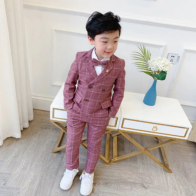 Flower Boys Formal Dress Suit Set Autumn Children Plaid Double Breasted Blazer