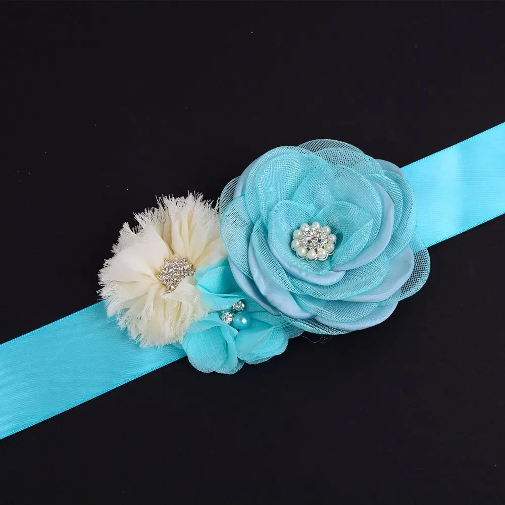 Turquoise Blue Girl Woman Sash Belt Satin Silk Chiffon Flower Sash Belt