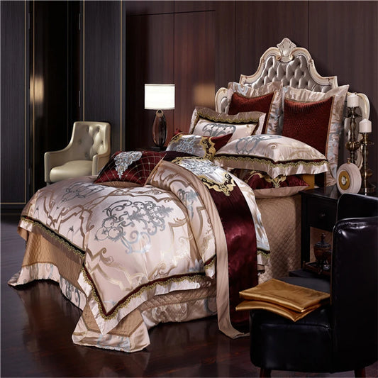 Golden Silk Cotton Luxury Satin Jacquard Bedding Set Queen