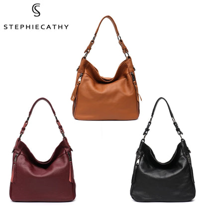 SC Large Soft Slouchy Leather Women Shoulder Bag Lady Cowhide Multi Pockets