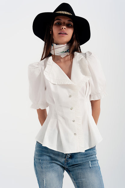 Poplin Frill Detail Wrap Blouse in Cream