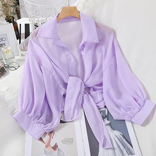 HELIAR Chiffon Shirts Women Half Sleeve Button Up Chiffon Blouses